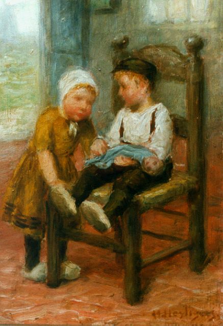 Heijligers H.  | Children playing with a doll, oil on panel 18.0 x 13.2 cm, signed l.r.