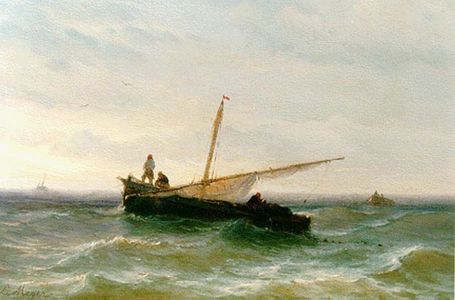 Meijer J.H.L.  | A sailing vessel lowering sail, oil on panel 18.5 x 26.7 cm, signed l.l.