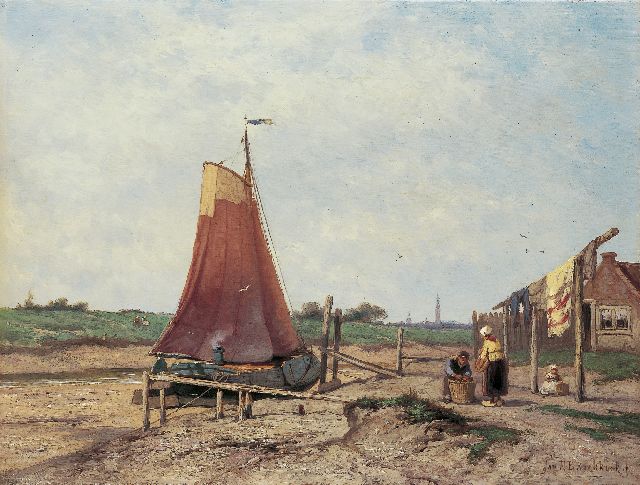 Koekkoek J.H.B.  | A fisherman at work, oil on panel 32.2 x 42.4 cm, signed l.r.