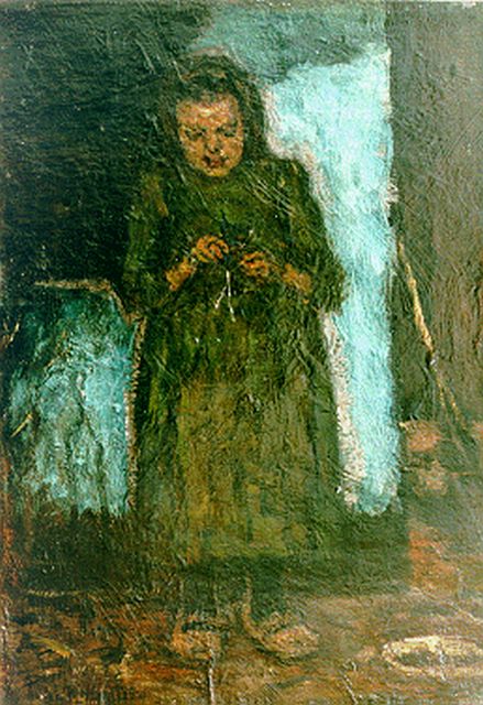 Robertson S.  | A girl knitting, oil on canvas 42.7 x 30.3 cm, signed l.l.