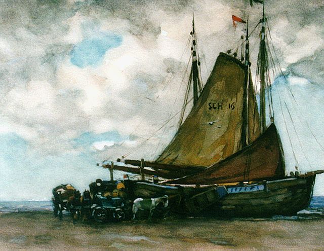 Willem de Zwart | Unloading the catch, watercolour on paper, 34.6 x 43.8 cm, signed l.r.