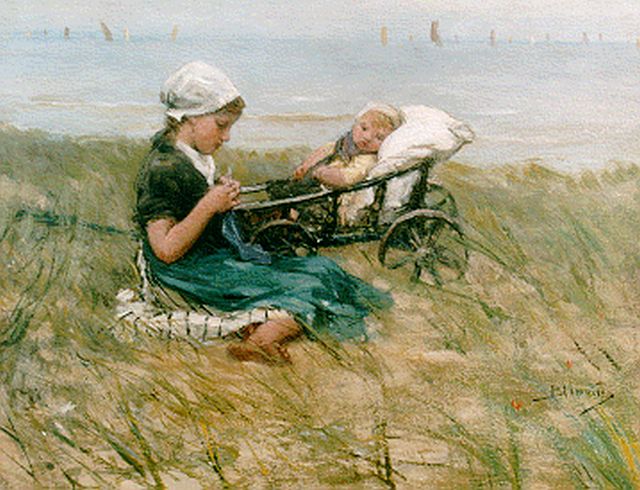 Blommers B.J.  | Children in the dunes, oil on panel 27.6 x 36.0 cm, signed l.r.