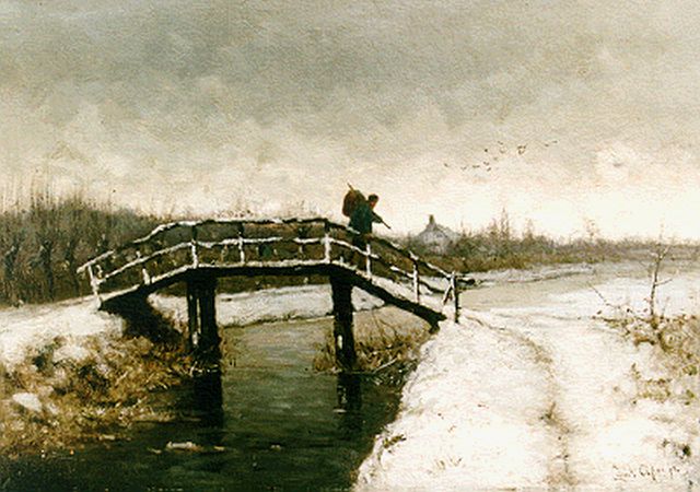 Louis Apol | A traveller on a draw-bridge in a winter landscape, oil on canvas, 35.5 x 50.2 cm, signed l.r. and painted ca. 1880