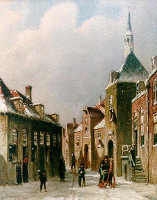 Petrus Gerardus Vertin | Townsfolk in a street in winter, oil on panel, 24.0 x 19.4 cm, signed l.l. and dated '87