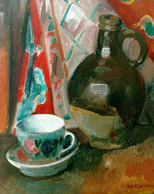 Wiegman M.J.M.  | A still life with a jug, oil on canvas 44.3 x 36.0 cm, signed l.r.