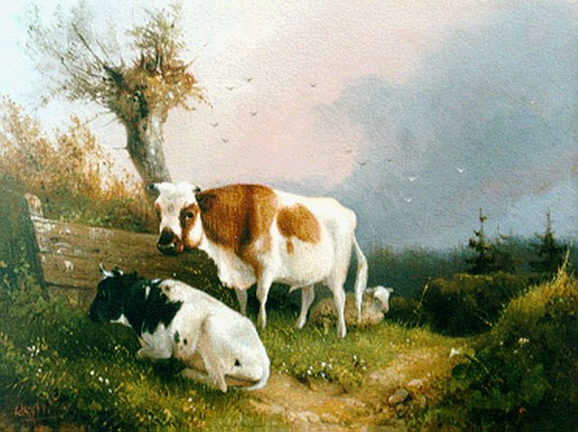 Knip A.  | Cattle near a willow, oil on panel 15.0 x 19.8 cm, signed l.l.