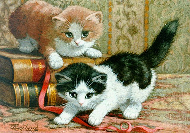 Raaphorst C.  | Playful kittens, oil on canvas 20.3 x 27.0 cm, signed l.l.