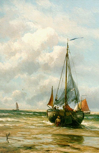 Jan H.B. Koekkoek | 'Bomschuit' in the surf, oil on canvas, 80.0 x 53.5 cm, signed l.l.