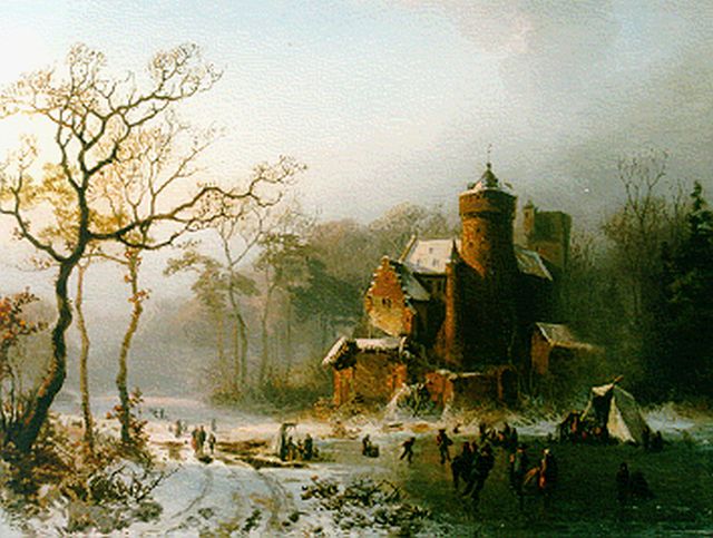 Alfred Edouard Agenor van Bylandt | Skaters on a frozen waterway near a castle, oil on panel, 31.7 x 42.5 cm