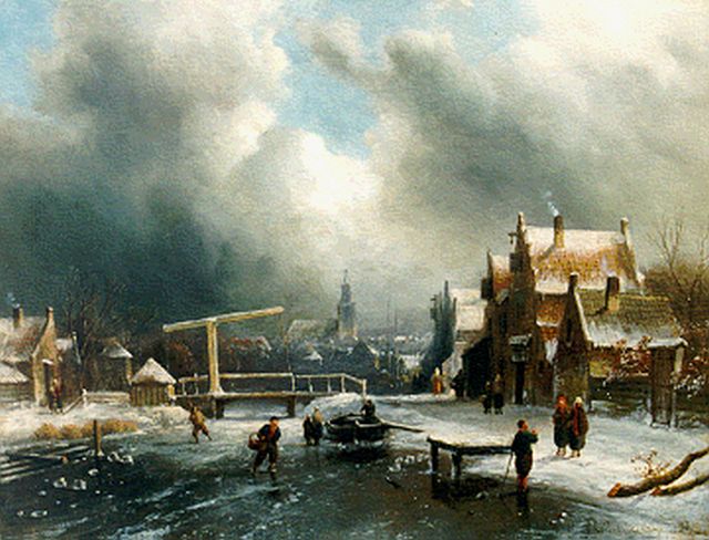 Leickert C.H.J.  | A winter landscape with skaters, oil on panel 26.9 x 35.4 cm, signed l.r.