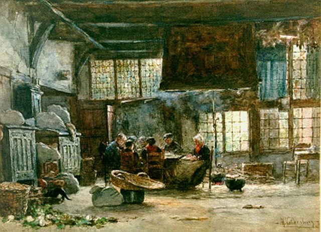 Hendrik Valkenburg | Dinner time, watercolour on paper, 42.4 x 56.5 cm, signed l.r.