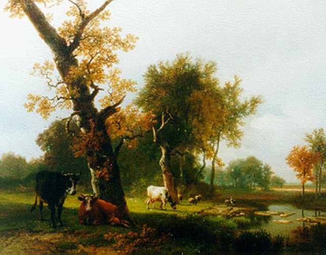 Eugène Joseph Verboeckhoven | Cattle in a wooded landscape, oil on panel, 35.8 x 45.9 cm, signed l.r.