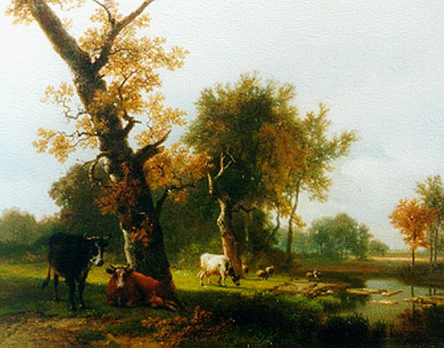 Verboeckhoven E.J.  | Cattle in a wooded landscape, oil on panel 35.8 x 45.9 cm, signed l.r.