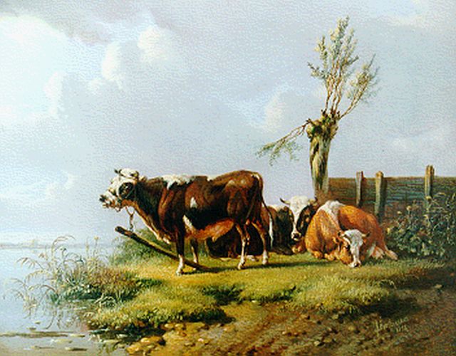 Albertus Verhoesen | Cattle on the riverbank, oil on panel, 14.3 x 17.6 cm, signed l.r. and dated 1856