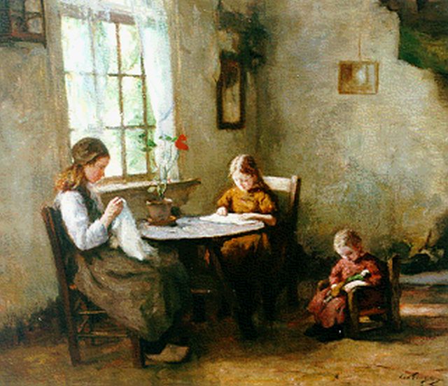 Tonge L.L. van der | Interior with children, oil on canvas 60.0 x 70.3 cm, signed l.r.