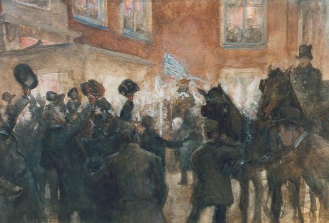 Hoynck van Papendrecht J.  | Celebrating Jozef Israels in the Pulchri Studio, watercolour on paper 42.0 x 62.2 cm, signed l.l.