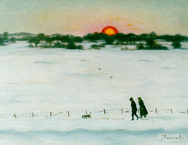 Franken J.P.J.  | Strollers in a snow-covered landscape, oil on canvas 35.3 x 45.3 cm, signed l.r.