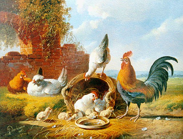 Verhoesen A.  | Poultry by a ruin, oil on panel 18.6 x 24.1 cm, signed l.l. and dated 1876