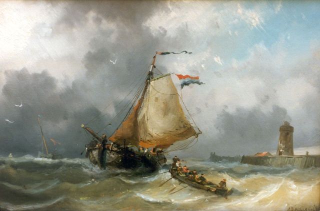 Adrianus David Hilleveld | Shipping of a Quay on a Windy Day, oil on panel, 24.9 x 38.2 cm, signed l.r.