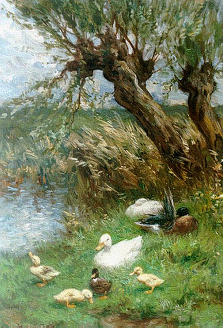 Constant Artz | Ducks on the riverbank, oil on panel, 24.1 x 18.1 cm, signed l.l.