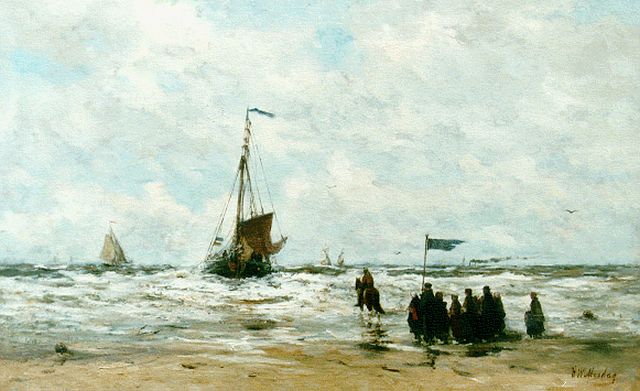 Hendrik Willem Mesdag | Arriving 'bomschuit', oil on canvas, 48.5 x 78.3 cm, signed l.r.
