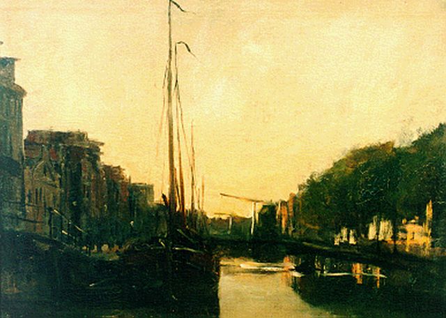 Wijsmuller J.H.  | Evening twilight, Amsterdam, oil on canvas 36.5 x 49.5 cm, signed l.r.