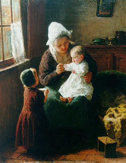 Bernard Pothast | Interior scene with a mother and children, oil on canvas, 50.0 x 39.8 cm, signed l.r.