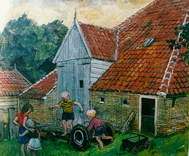 Harm Kamerlingh Onnes | Children playing on a yard, Terschelling, oil on canvas, 50.3 x 60.2 cm, signed l.r. with monogram and dated '60