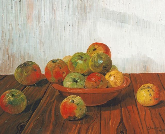 Jo Lodeizen | Still life with apples on an oak table, oil on canvas, 40.0 x 50.3 cm, signed l.r. and dated 1925