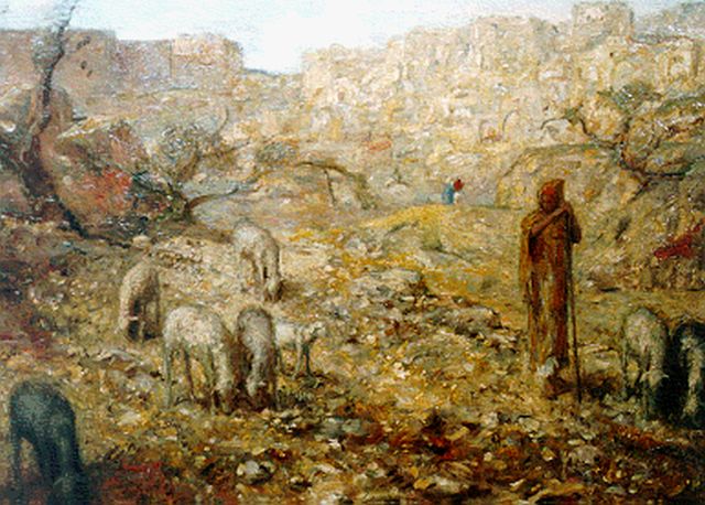 Bauer M.A.J.  | A shepherd and flock, Jeruzalem, oil on canvas 50.2 x 70.0 cm, signed l.r.