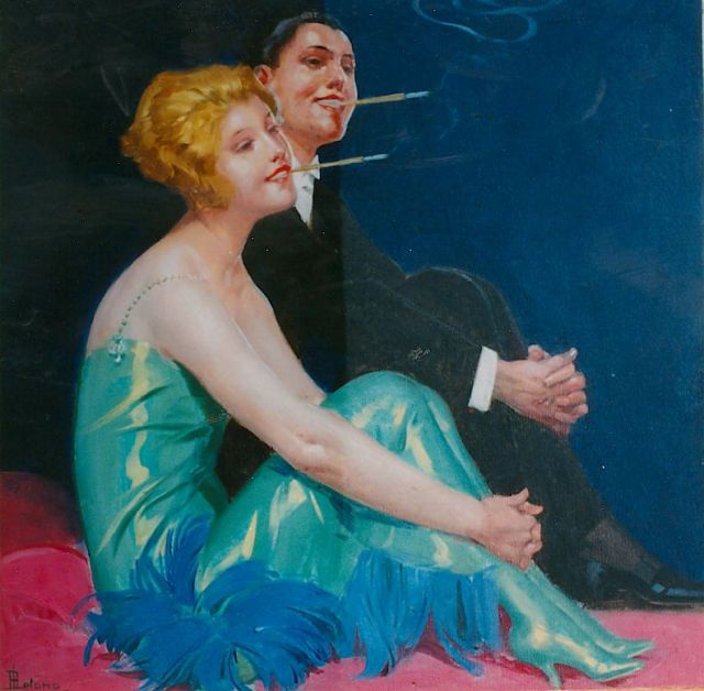 René Lelong | Smoking couple, oil on painter's cardboard, 34.9 x 35.3 cm, signed l.l.