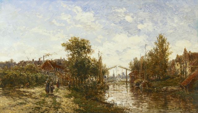 Lokhorst J.N. van | A village along a waterway near Utrecht, oil on panel 22.2 x 38.0 cm, signed l.r. and on the reverse and dated 1885