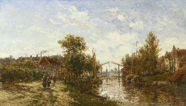 Jan van Lokhorst | A village along a waterway near Utrecht, oil on panel, 22.2 x 38.0 cm, signed l.r. and on the reverse and dated 1885