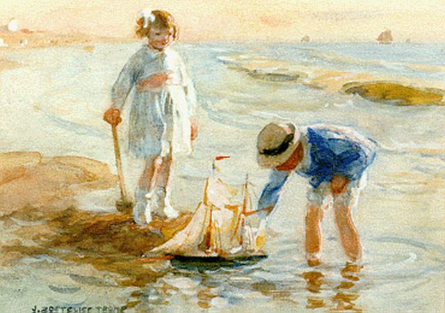 Zoetelief Tromp J.  | Children playing in the surf, watercolour on paper 17.5 x 24.5 cm, signed l.l.