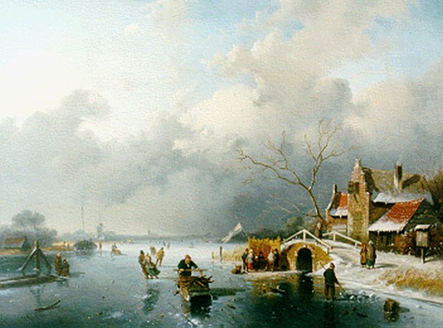 Jan Evert Morel II | A winter landscape with skaters and 'koek-en-zopie', oil on canvas, 49.7 x 68.0 cm, signed l.l.