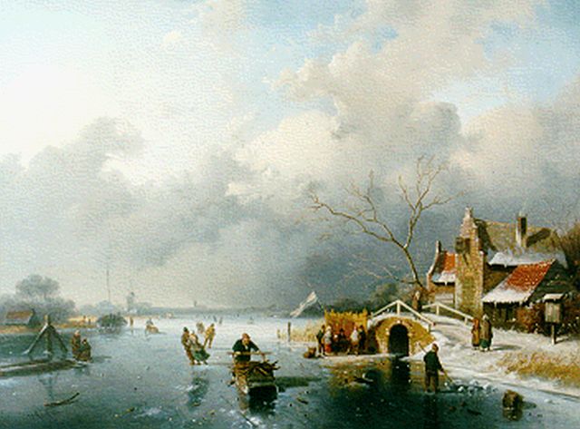 Morel II J.E.  | A winter landscape with skaters and 'koek-en-zopie', oil on canvas 49.7 x 68.0 cm, signed l.l.