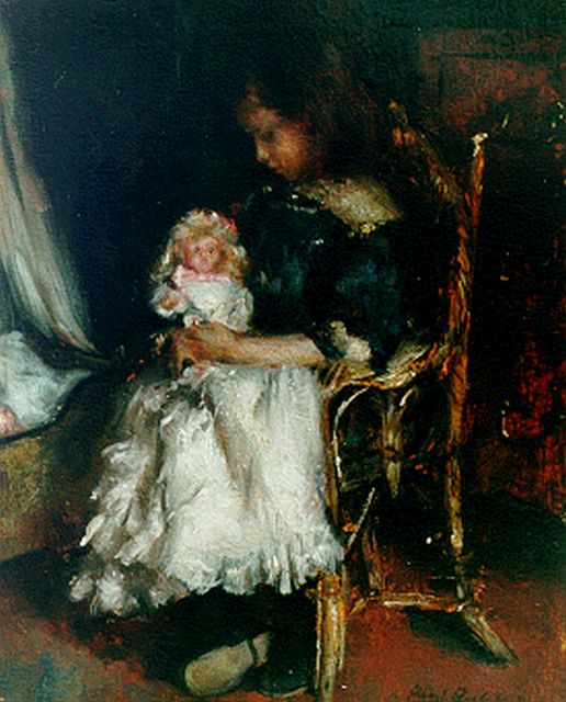 Roelofs O.W.A.  | Albertine with a doll, oil on panel 27.0 x 21.8 cm, signed l.r. and dated '10