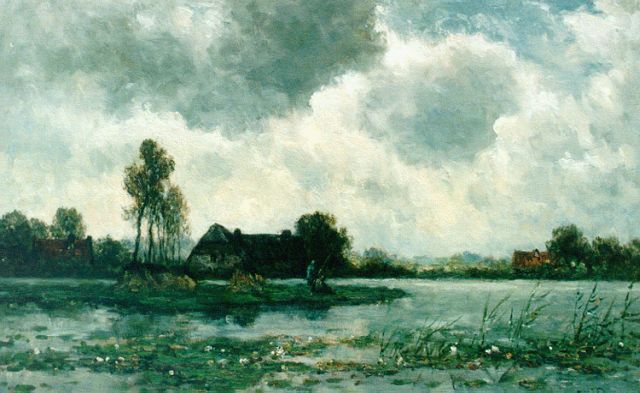 Willem Roelofs | Anglers in a polder landscape, oil on canvas, 47.5 x 74.5 cm, signed l.r.