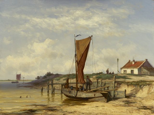 Koekkoek J.H.B.  | Unloading the catch, oil on panel 32.0 x 42.2 cm, signed l.r. and dated 1896