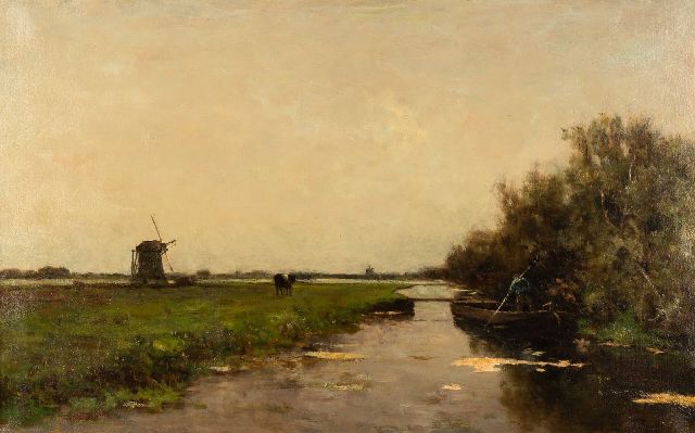 Victor Bauffe | A farmer in a barge in a polder landscape, oil on canvas, 63.2 x 100.3 cm, signed l.r.