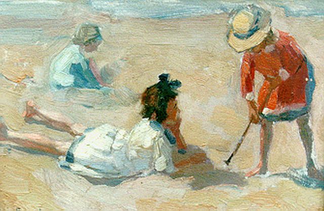 Louis Soonius | Children playing on the beach, oil on panel, 18.0 x 25.4 cm, signed l.l. and dated 1918