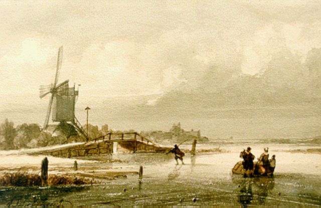 Schelfhout A.  | Skaters on the ice, a windmill in the distance, mixed media on paper 13.6 x 20.8 cm, signed l.l.