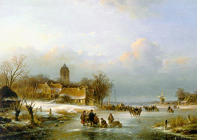 Kleijn L.J.  | Skaters on the ice by a 'koek en zopie', oil on panel 43.2 x 59.5 cm, signed l.r.