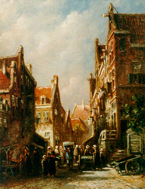 Vertin P.G.  | Daily activities in a Dutch town, oil on panel 19.4 x 14.9 cm, signed l.l.