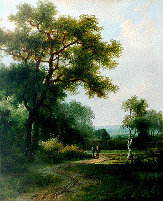 Koekkoek I M.A.  | Travellers in a wooded landscape, oil on panel 10.4 x 9.2 cm, signed l.l.