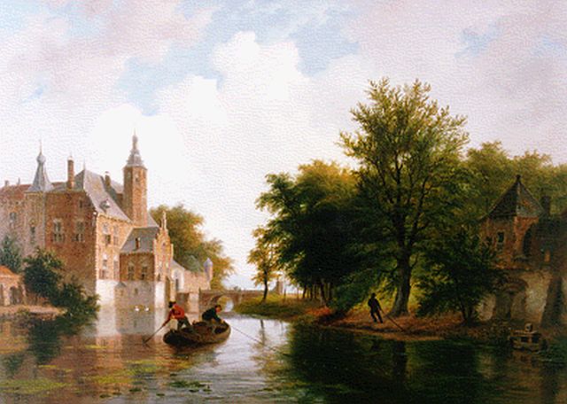 Hove B.J. van | Het slepen van de netten in de slotgracht, oil on panel 44.3 x 61.5 cm, gesigneerd l.o.