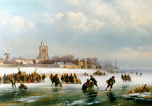 Kleijn L.J.  | Winterfun, a town in the distance, oil on panel 28.1 x 40.6 cm, signed l.l.