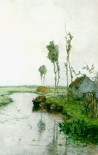 Gabriel P.J.C.  | A polder landscape with moored barges, watercolour on paper 51.0 x 35.8 cm, signed l.l.