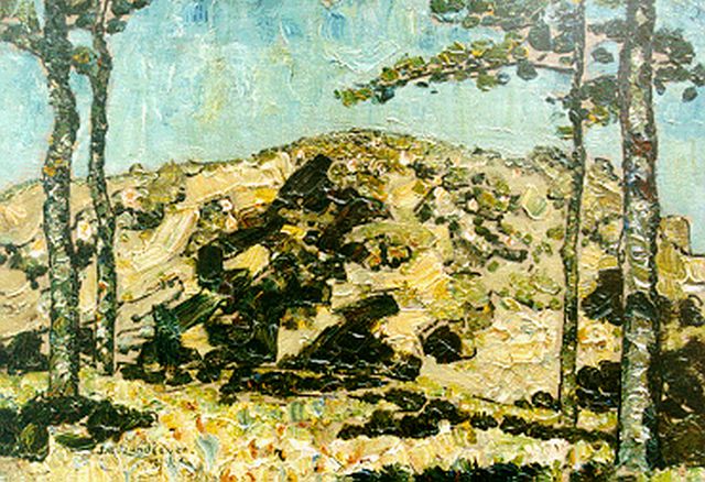 Zandleven J.A.  | Trees in a dune landscape, oil on canvas laid down on panel 35.0 x 50.0 cm, signed l.l. and dated 1914