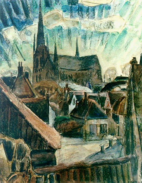 Leo Gestel | A view of Woerden, mixed media on paper on wood, 62.7 x 49.3 cm, signed l.r. and dated '19